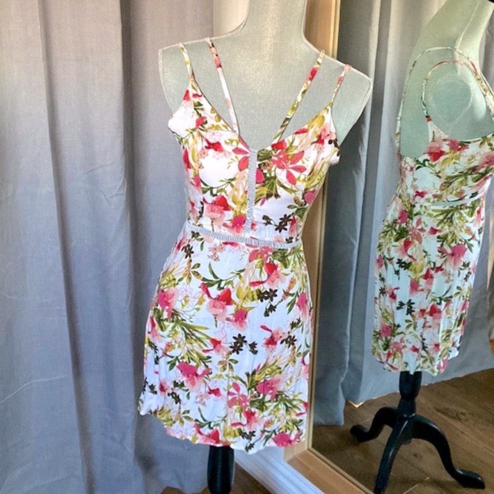 Lattice peekaboo floral dress reformation style mini dress